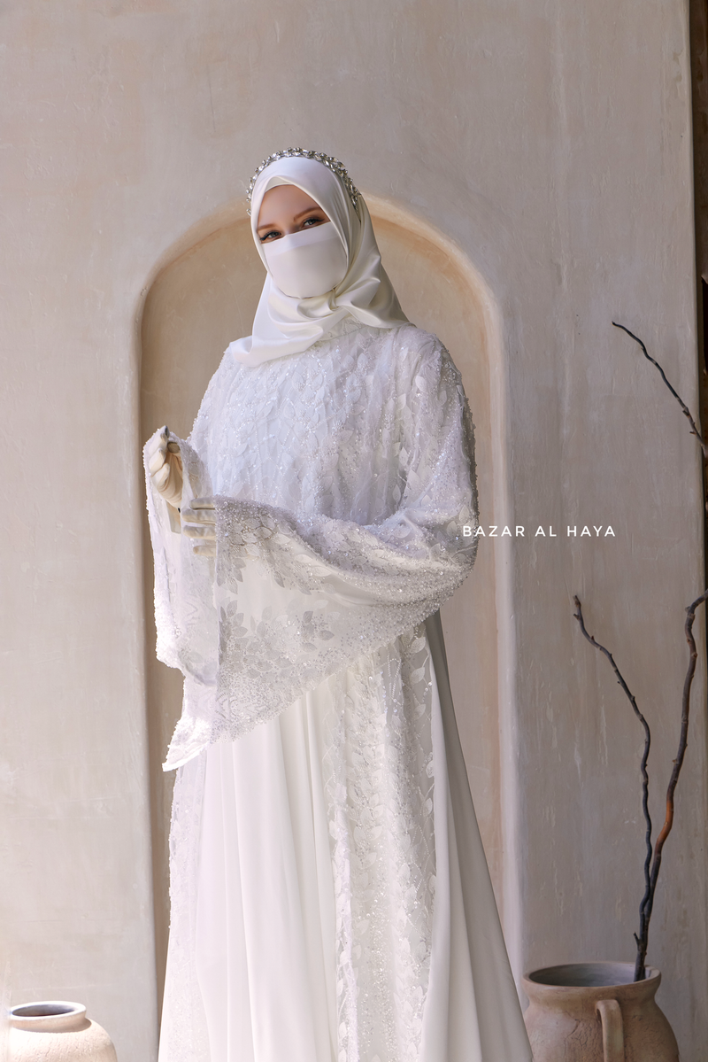 Zahra Bridal Silk Gown Abaya & Lace Cloak Set For Walima, Wedding, Nikkah - 4 Piece