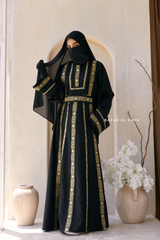 Black Gold Aisha Palestinian Thobe Abaya Tatreez Embroidery Dress