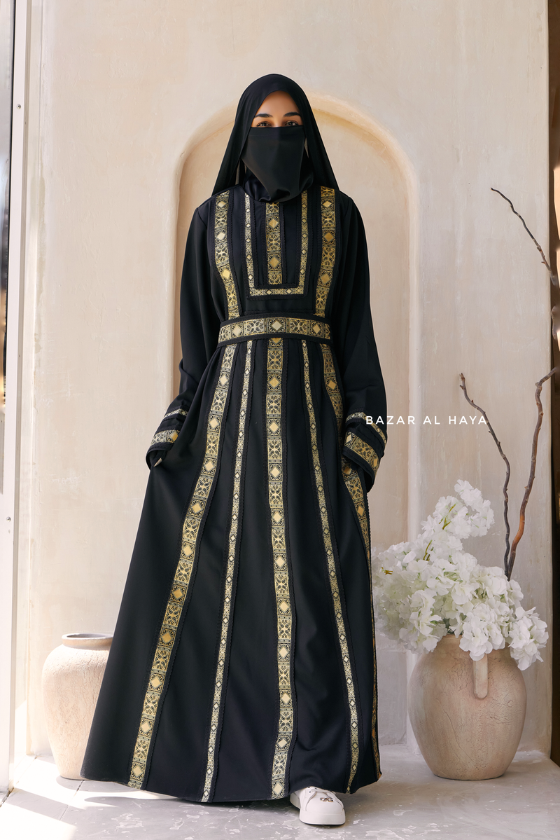 Black Gold Aisha Palestinian Thobe Abaya Tatreez Embroidery Dress XL Black Gold Aisha Palestinian Thobe Abaya Tatreez Embroidery Dress XL