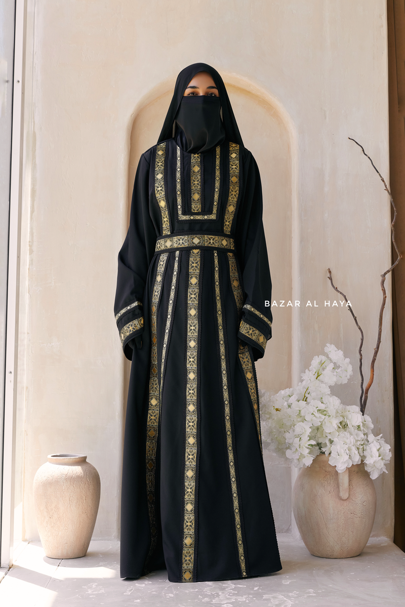 Black Gold Aisha Palestinian Thobe Abaya Tatreez Embroidery Dress