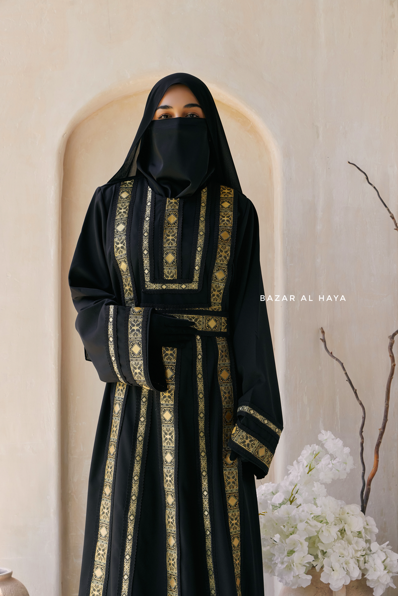 Black Gold Aisha Palestinian Thobe Abaya Tatreez Embroidery Dress