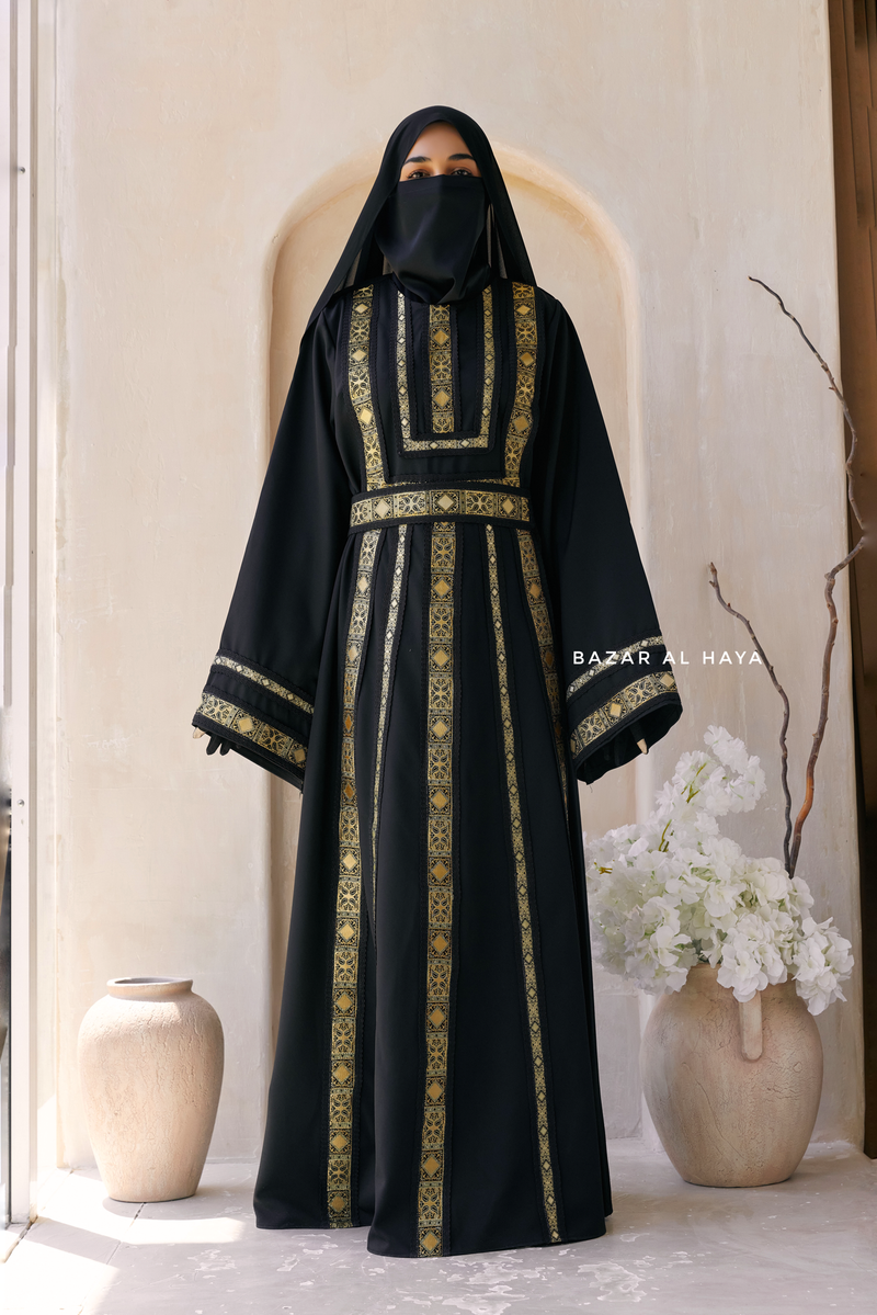 Black Gold Aisha Palestinian Thobe Abaya Tatreez Embroidery Dress