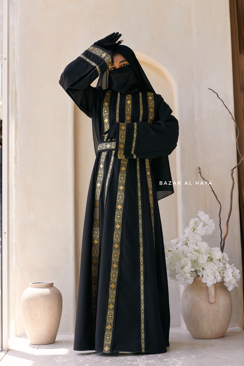 black dress gold embroidery Super Elegant Black Cloche Dress with Golden Embroidery 3/42/(L)