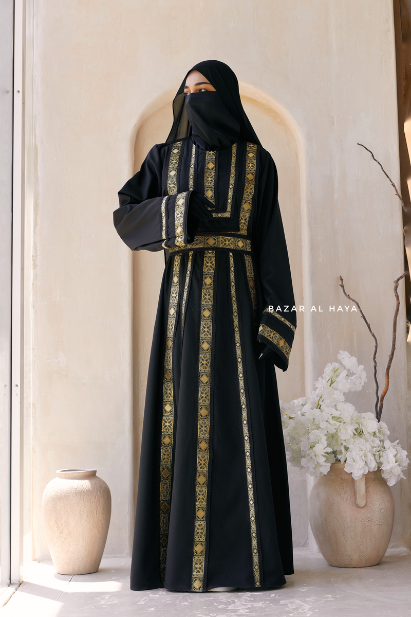 Black Gold Aisha Palestinian Thobe Abaya Tatreez Embroidery Dress
