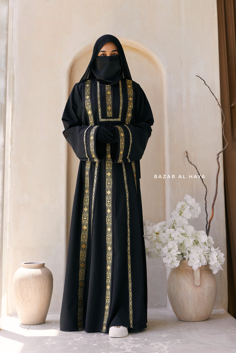 Black Gold Aisha Palestinian Thobe Abaya Tatreez Embroidery Dress XL Black Gold Aisha Palestinian Thobe Abaya Tatreez Embroidery Dress XL