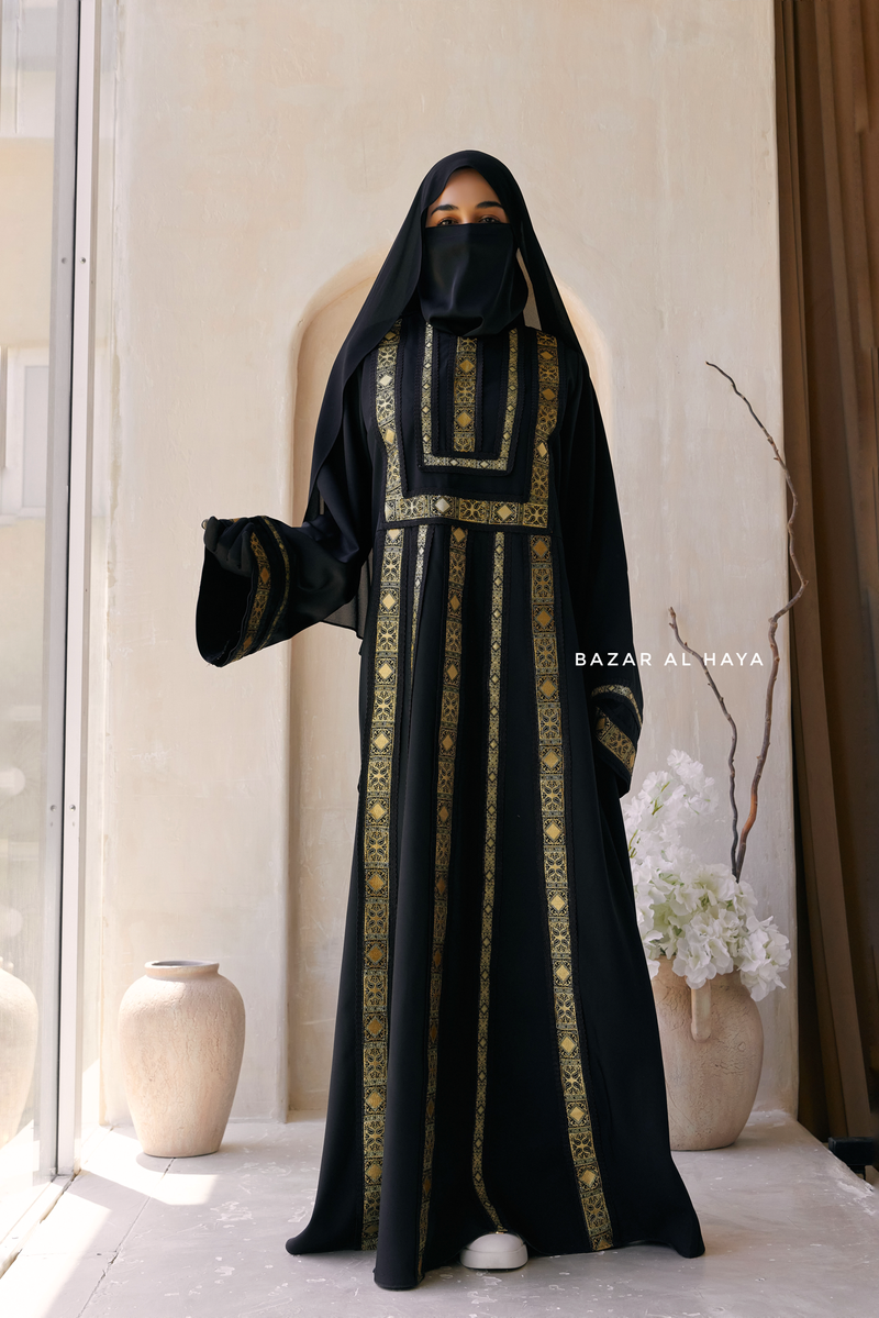Black Gold Aisha Palestinian Thobe Abaya Tatreez Embroidery Dress