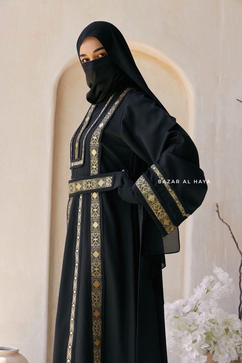 Black Gold Aisha Palestinian Thobe Abaya Tatreez Embroidery Dress