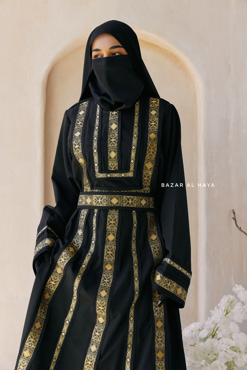 Black Gold Aisha Palestinian Thobe Abaya Tatreez Embroidery Dress