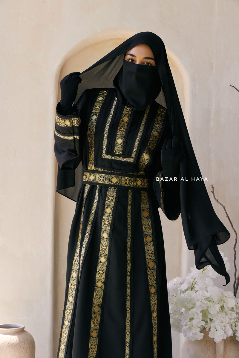 Black Gold Aisha Palestinian Thobe Abaya Tatreez Embroidery Dress