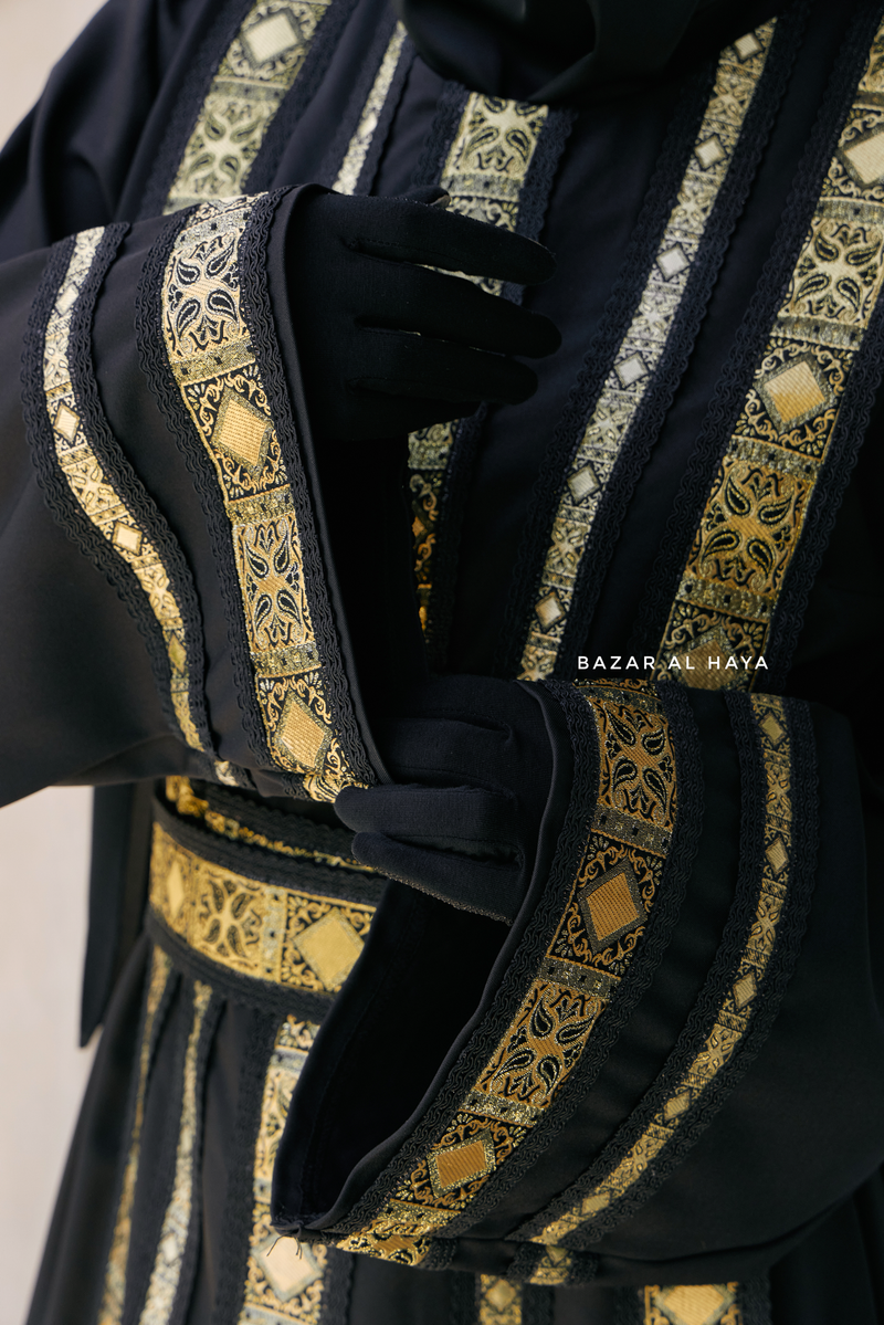 Black Gold Aisha Palestinian Thobe Abaya Tatreez Embroidery Dress