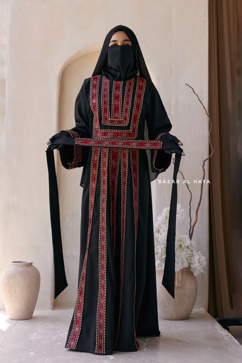 Black Red Aisha Palestinian Thobe Abaya Tatreez Embroidery Dress