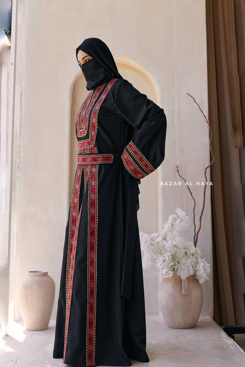 Black Red Aisha Palestinian Thobe Abaya Tatreez Embroidery Dress