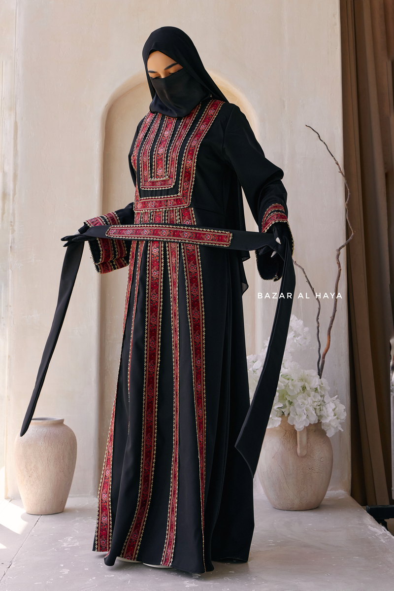 Black Red Aisha Palestinian Thobe Abaya Tatreez Embroidery Dress