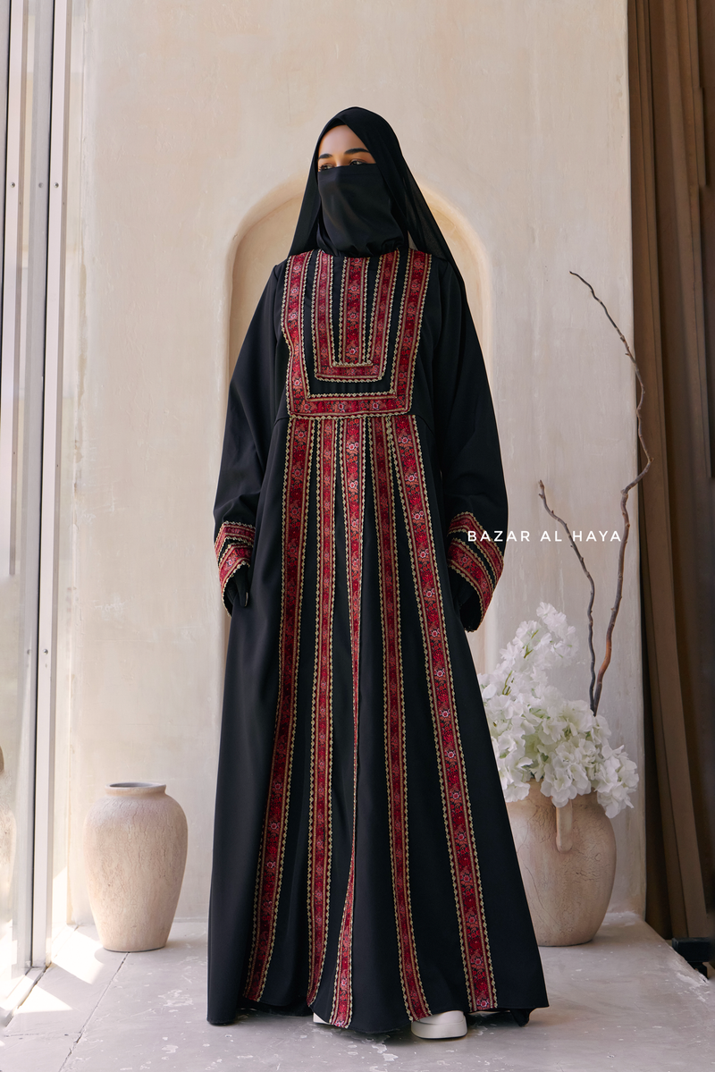 Black Red Aisha Palestinian Thobe Abaya Tatreez Embroidery Dress M Black Red Aisha Palestinian Thobe Abaya Tatreez Embroidery Dress M