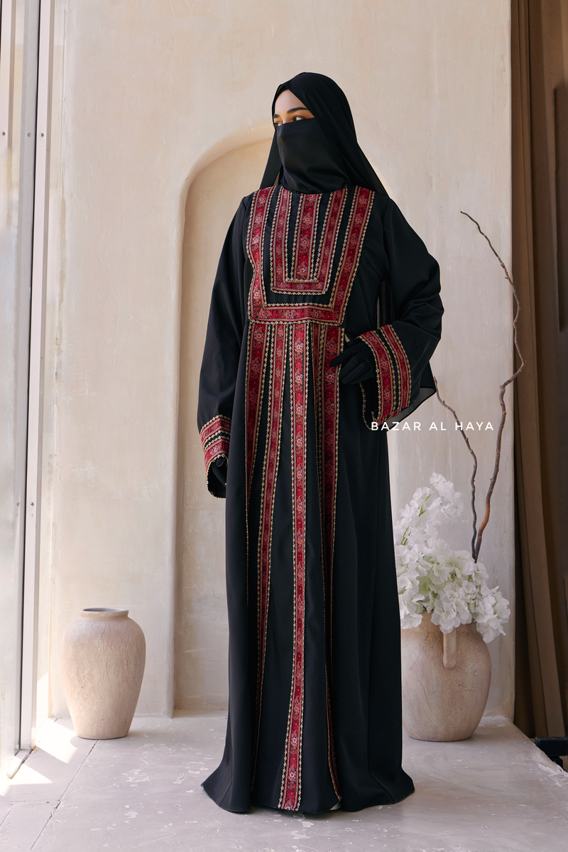 Black Red Aisha Palestinian Thobe Abaya Tatreez Embroidery Dress