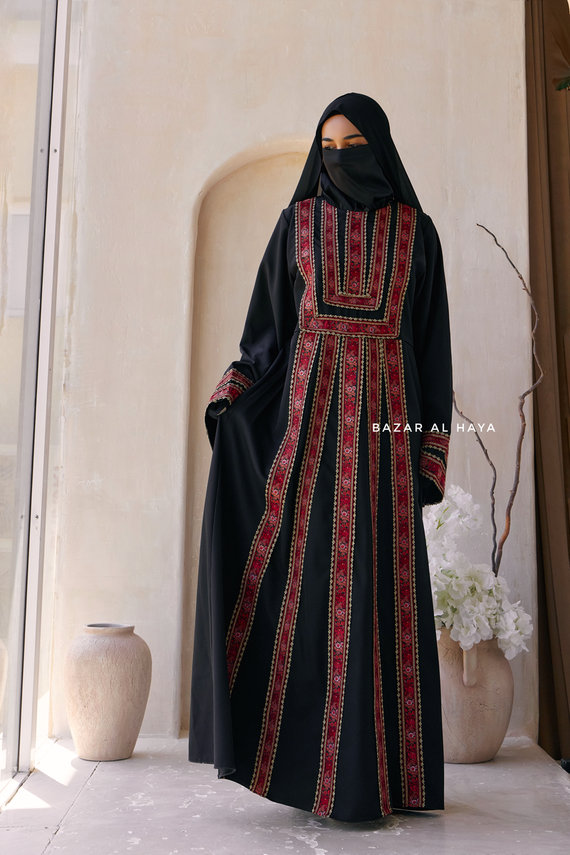 Black Red Aisha Palestinian Thobe Abaya Tatreez Embroidery Dress