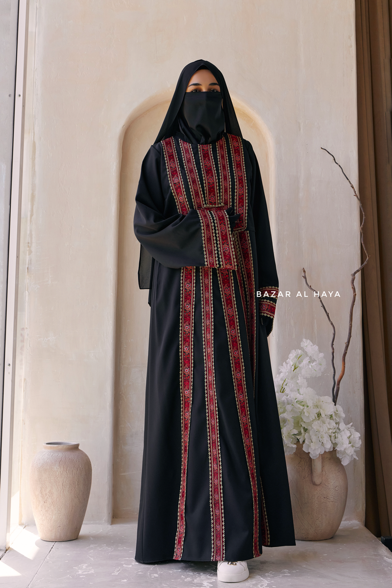 Black Red Aisha Palestinian Thobe Abaya Tatreez Embroidery Dress