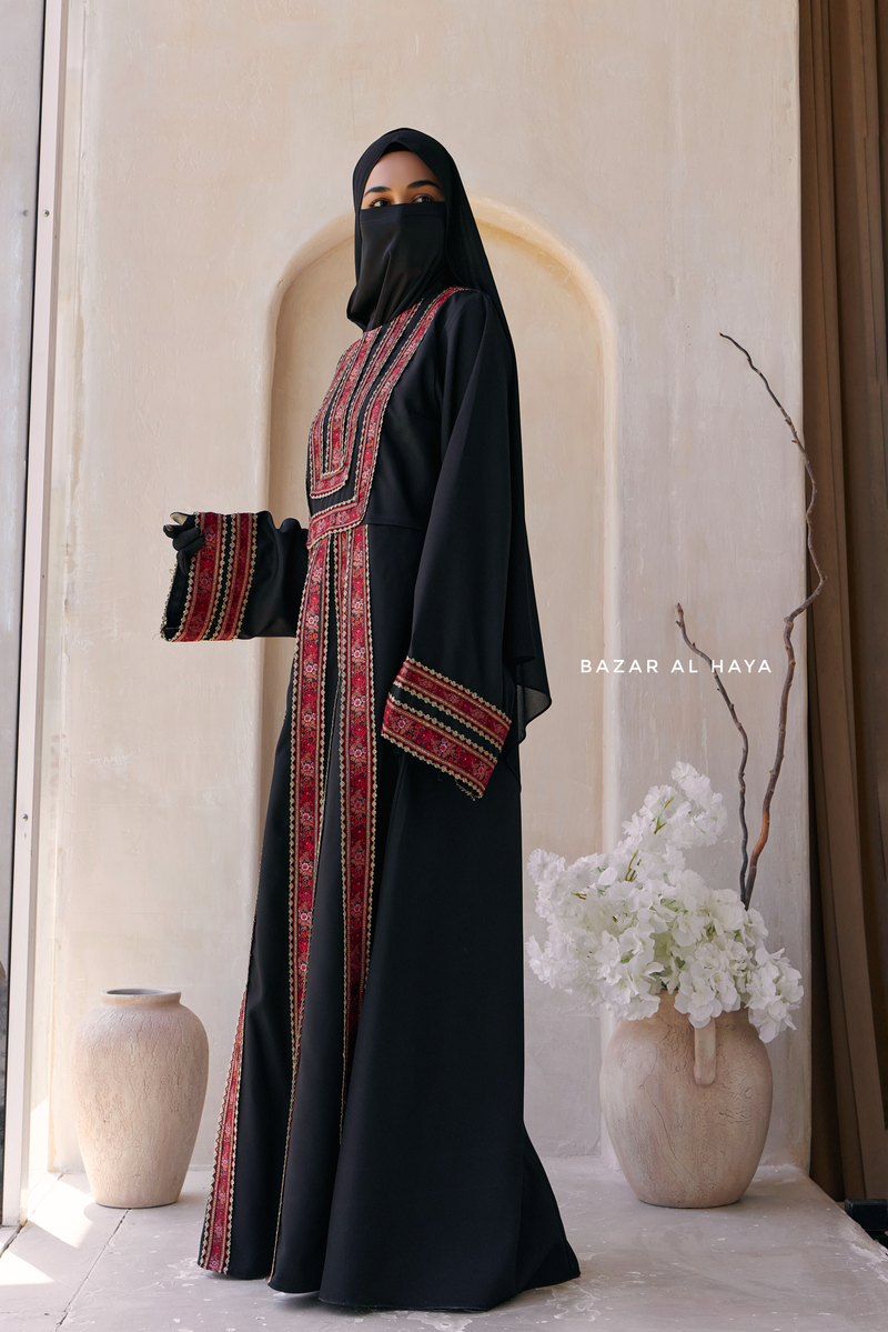 Black Red Aisha Palestinian Thobe Abaya Tatreez Embroidery Dress