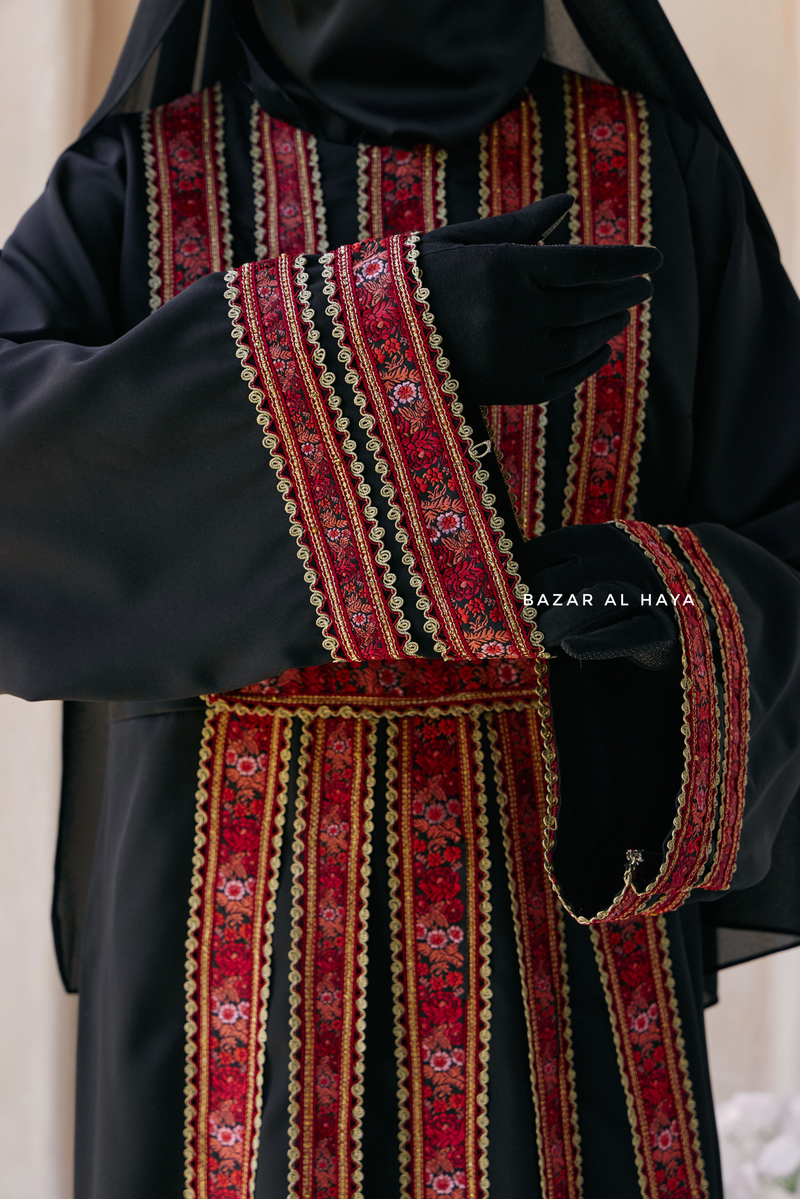Black Red Aisha Palestinian Thobe Abaya Tatreez Embroidery Dress