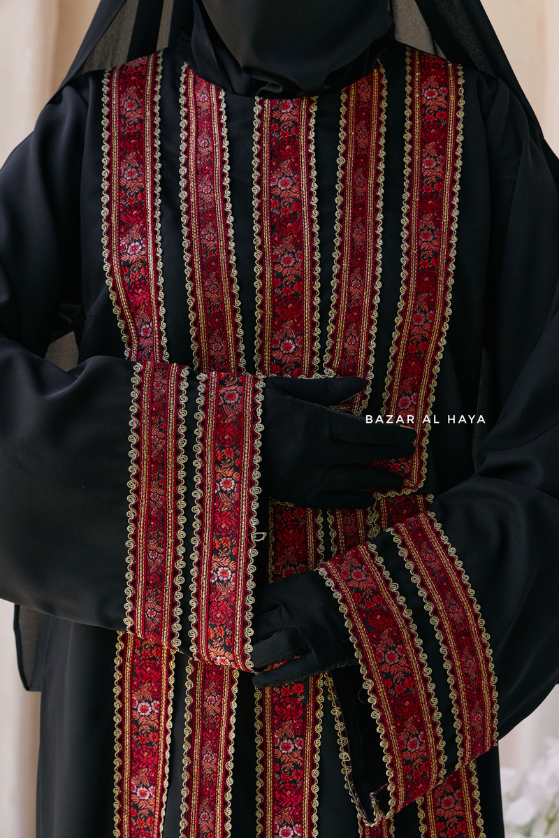 Black Red Aisha Palestinian Thobe Abaya Tatreez Embroidery Dress