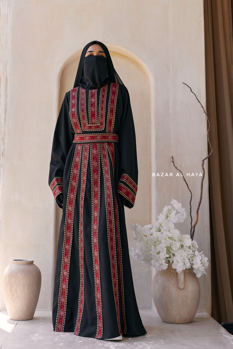 Black Red Aisha Palestinian Thobe Abaya Tatreez Embroidery Dress M Black Red Aisha Palestinian Thobe Abaya Tatreez Embroidery Dress M