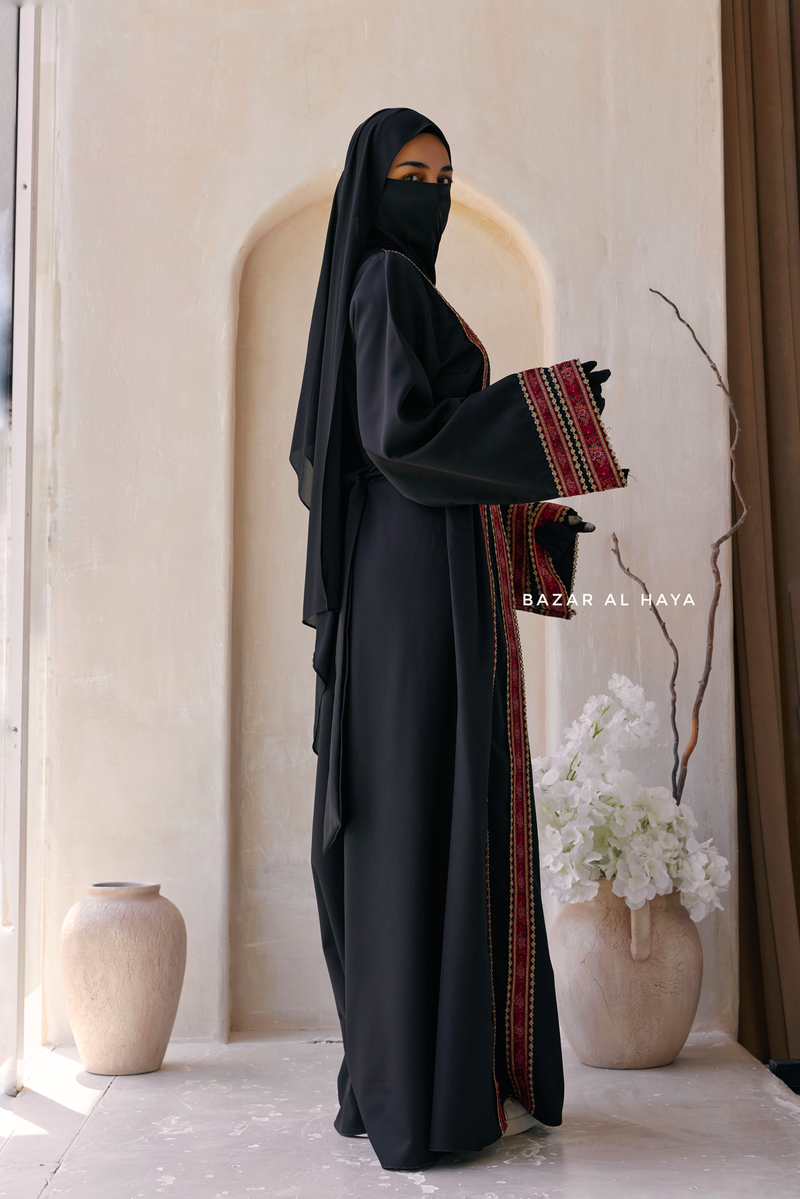 Black Red Aisha Palestinian Thobe Abaya Tatreez Embroidery Dress
