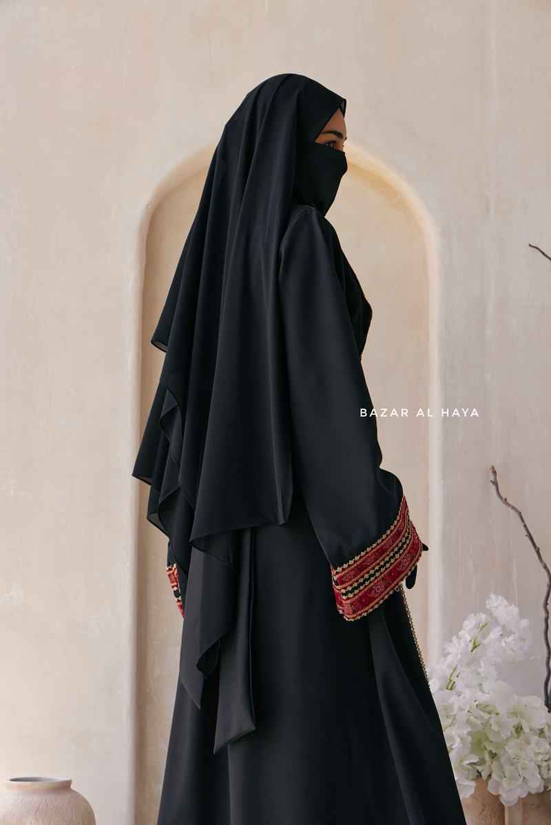 Black Red Aisha Palestinian Thobe Abaya Tatreez Embroidery Dress