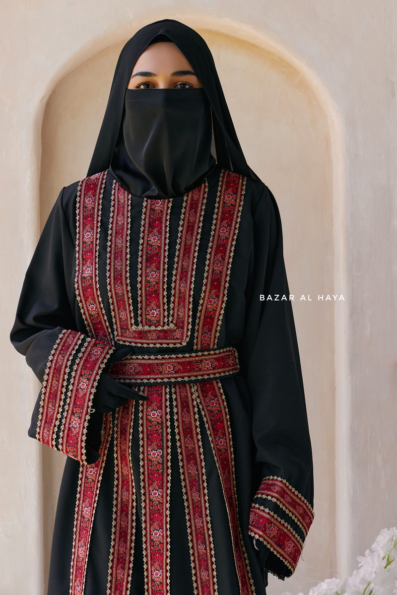 Black Red Aisha Palestinian Thobe Abaya Tatreez Embroidery Dress