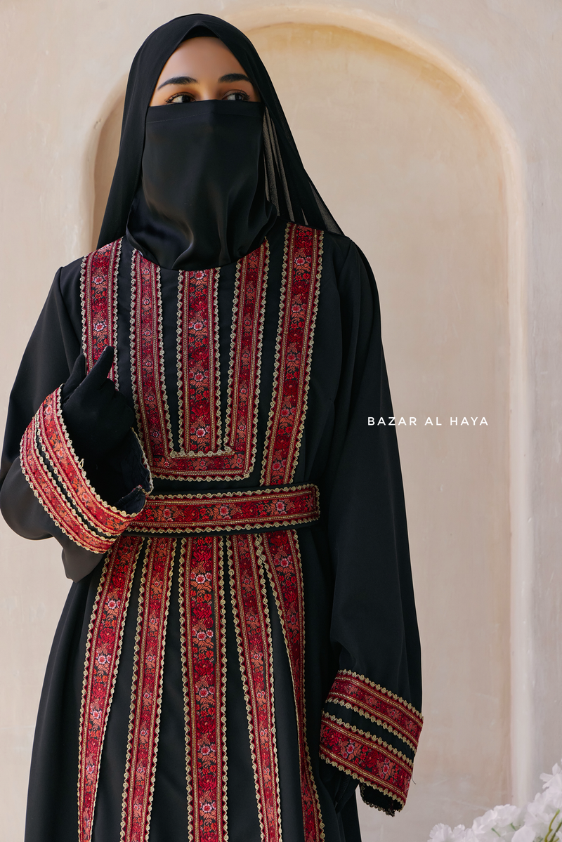 Black Red Aisha Palestinian Thobe Abaya Tatreez Embroidery Dress