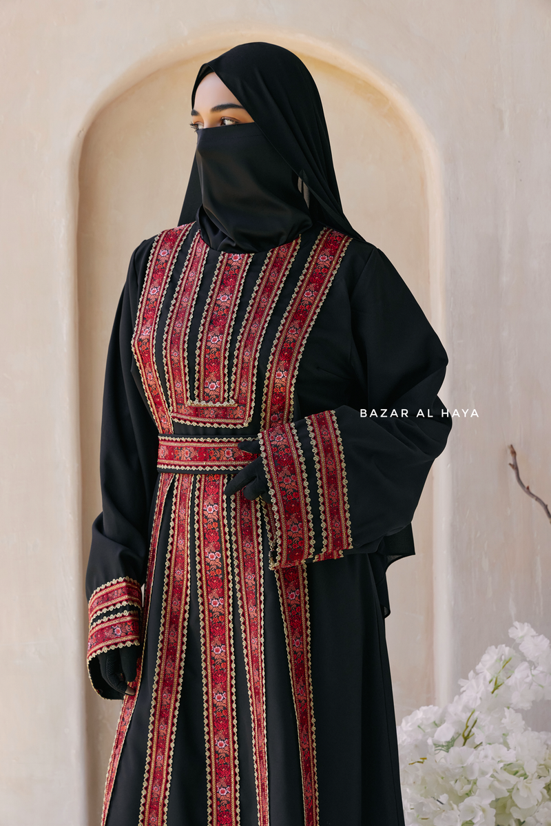 Black Red Aisha Palestinian Thobe Abaya Tatreez Embroidery Dress