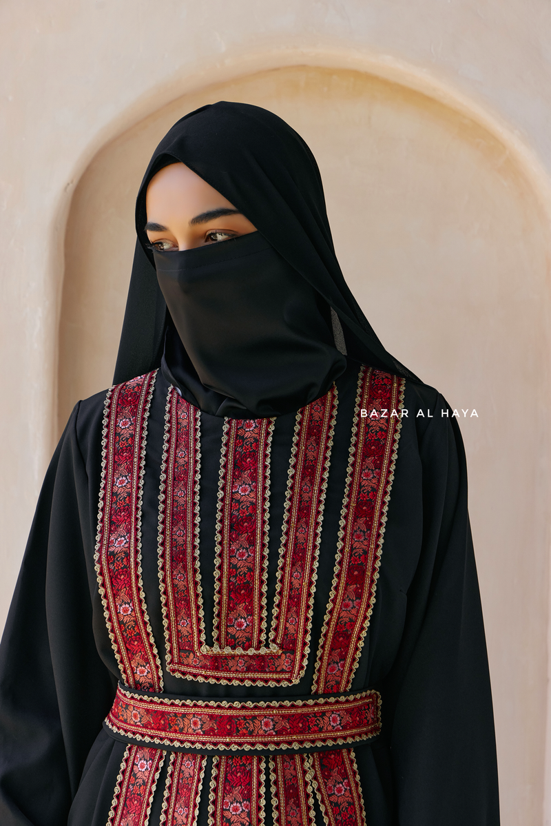 Black Red Aisha Palestinian Thobe Abaya Tatreez Embroidery Dress