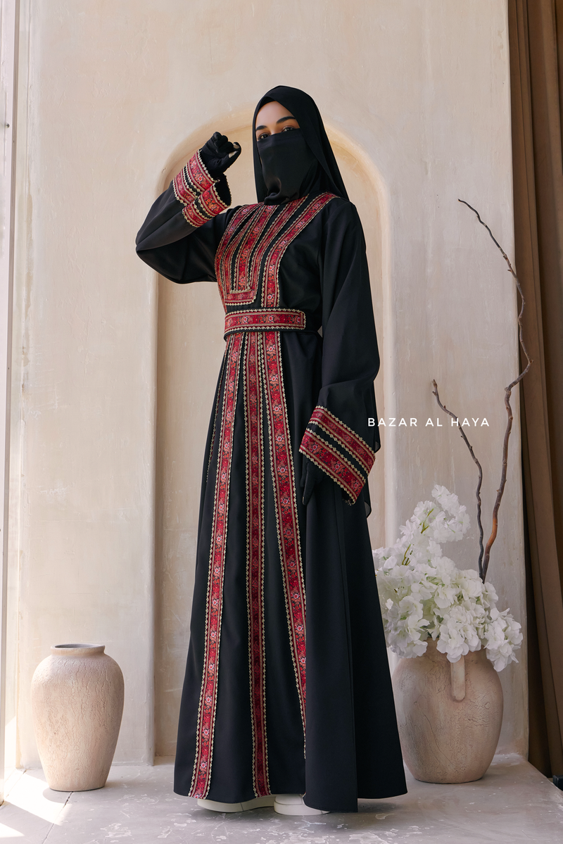 Black Red Aisha Palestinian Thobe Abaya Tatreez Embroidery Dress