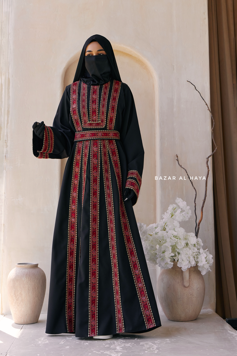 Black Red Aisha Palestinian Thobe Abaya Tatreez Embroidery Dress