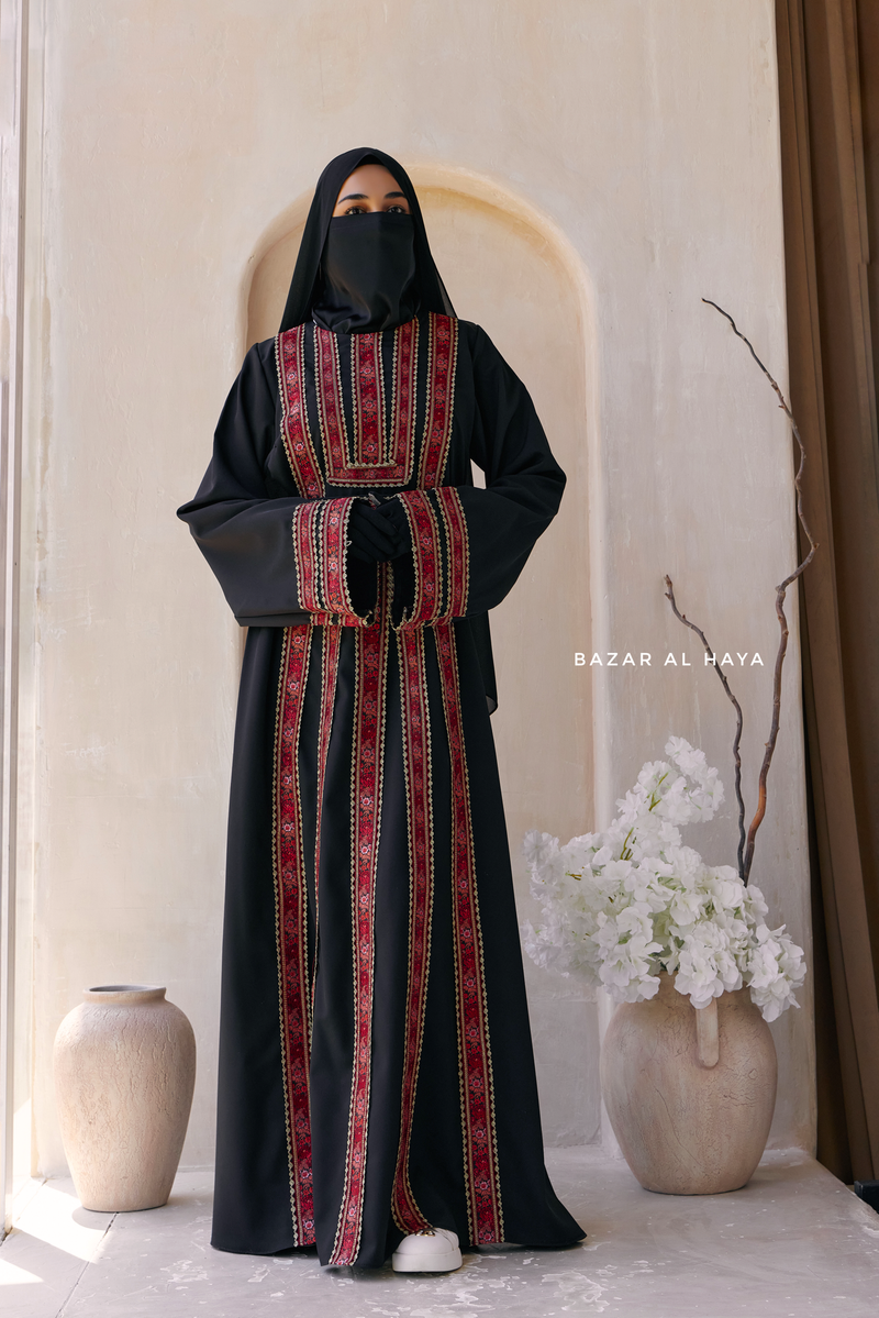 Black Red Aisha Palestinian Thobe Abaya Tatreez Embroidery Dress