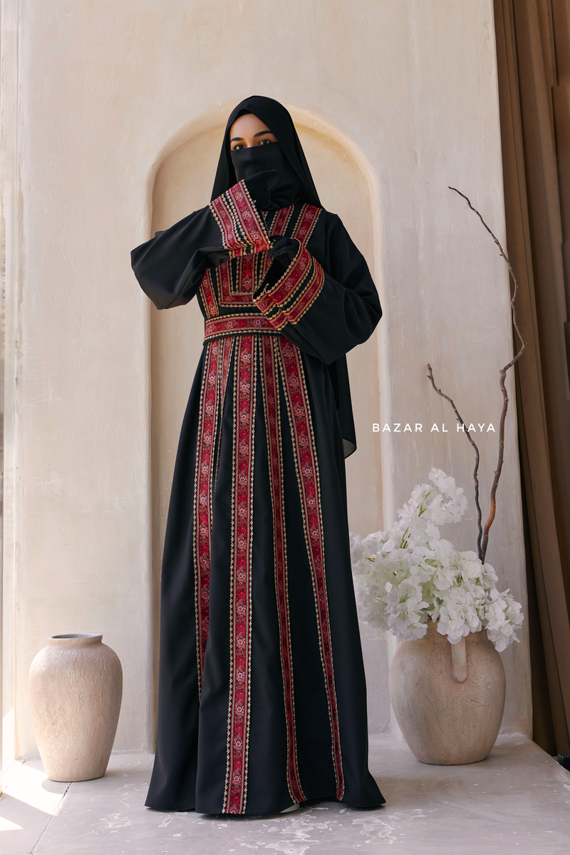 Black Red Aisha Palestinian Thobe Abaya Tatreez Embroidery Dress Black Red Aisha Palestinian Thobe Abaya Tatreez Embroidery Dress