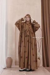 Camel Mahfuza Oversized Abaya Dress With Hijab Two Piece Set - Silk Cotton