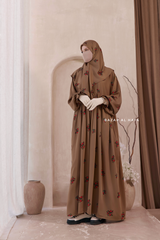 Camel Mahfuza Oversized Abaya Dress With Hijab Two Piece Set - Silk Cotton
