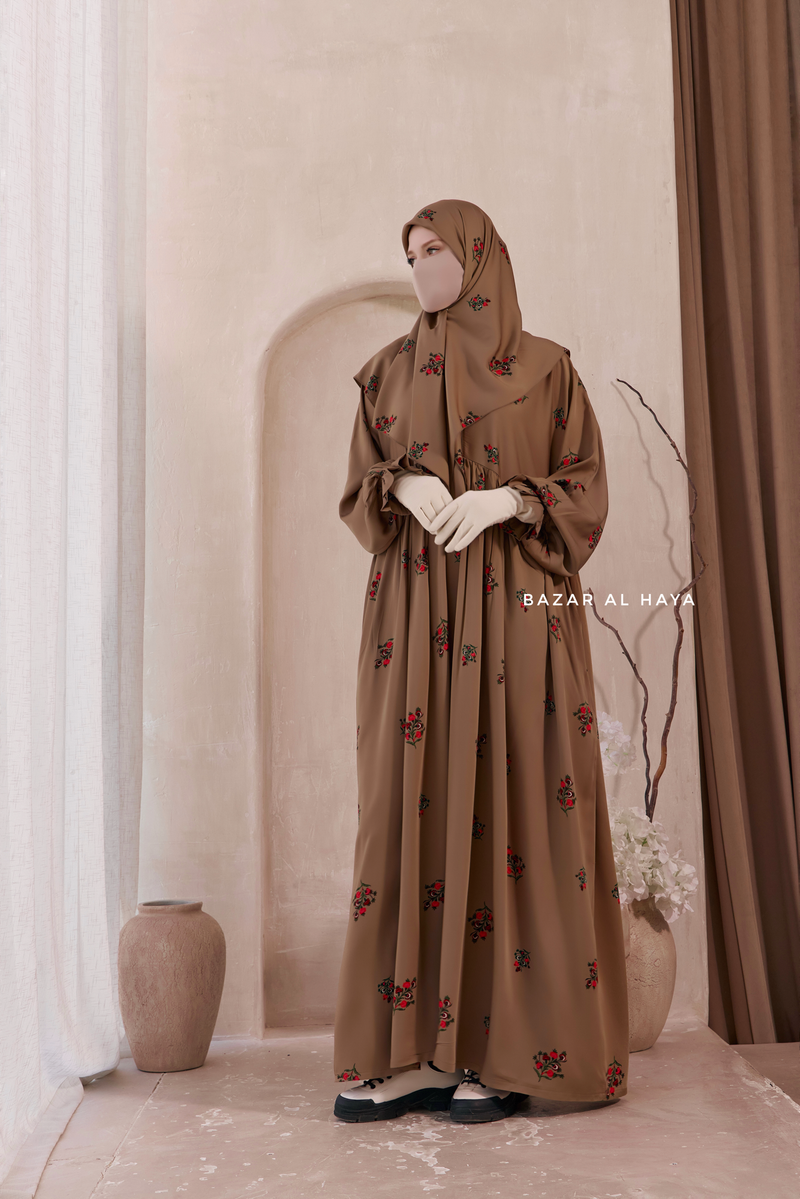 Camel Mahfuza Oversized Abaya Dress With Hijab Two Piece Set - Silk Cotton