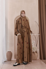 Camel Mahfuza Oversized Abaya Dress With Hijab Two Piece Set - Silk Cotton