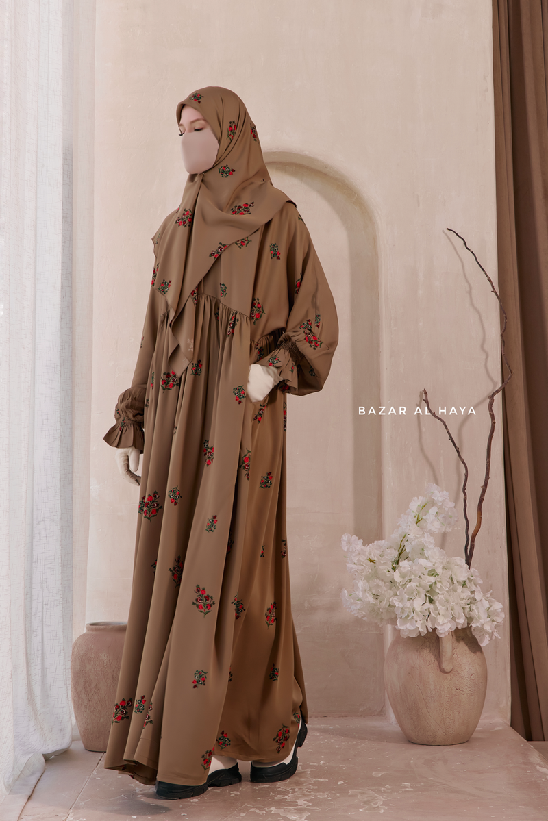 Camel Mahfuza Oversized Abaya Dress With Hijab Two Piece Set - Silk Cotton