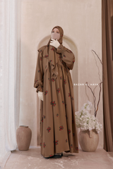 Camel Mahfuza Oversized Abaya Dress With Hijab Two Piece Set - Silk Cotton