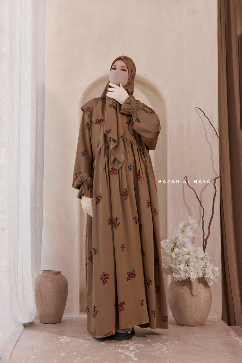 Camel Mahfuza Oversized Abaya Dress With Hijab Two Piece Set - Silk Cotton