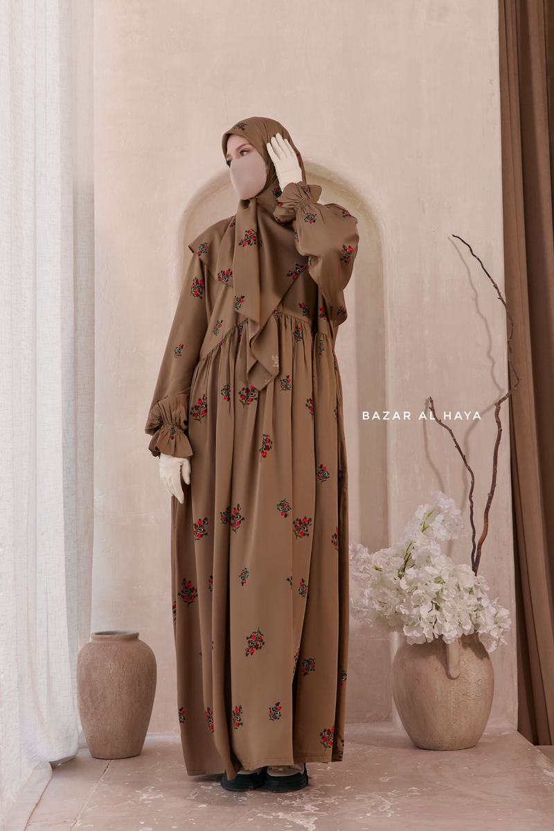 Camel Mahfuza Oversized Abaya Dress With Hijab Two Piece Set - Silk Cotton