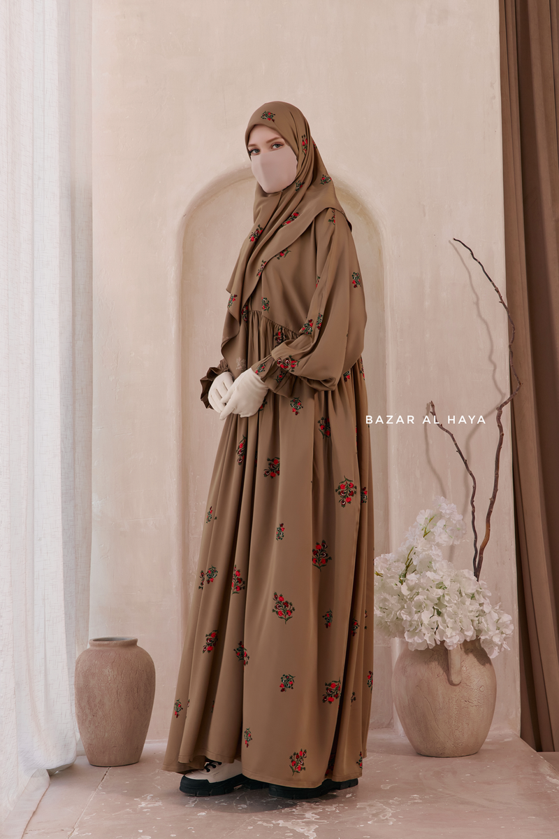 Camel Mahfuza Oversized Abaya Dress With Hijab Two Piece Set - Silk Cotton