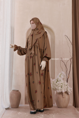 Camel Mahfuza Oversized Abaya Dress With Hijab Two Piece Set - Silk Cotton