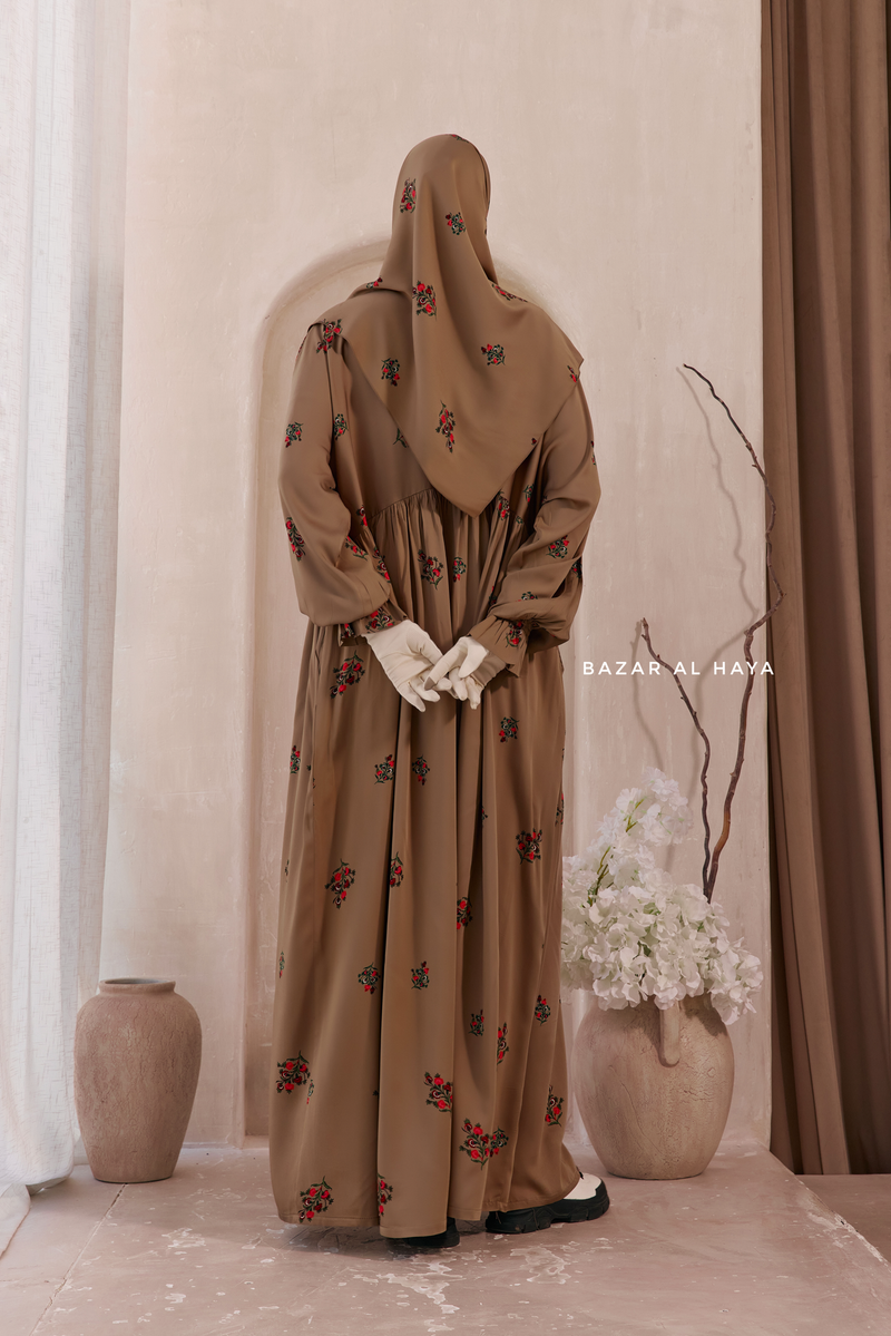 Camel Mahfuza Oversized Abaya Dress With Hijab Two Piece Set - Silk Cotton