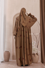 Camel Mahfuza Oversized Abaya Dress With Hijab Two Piece Set - Silk Cotton