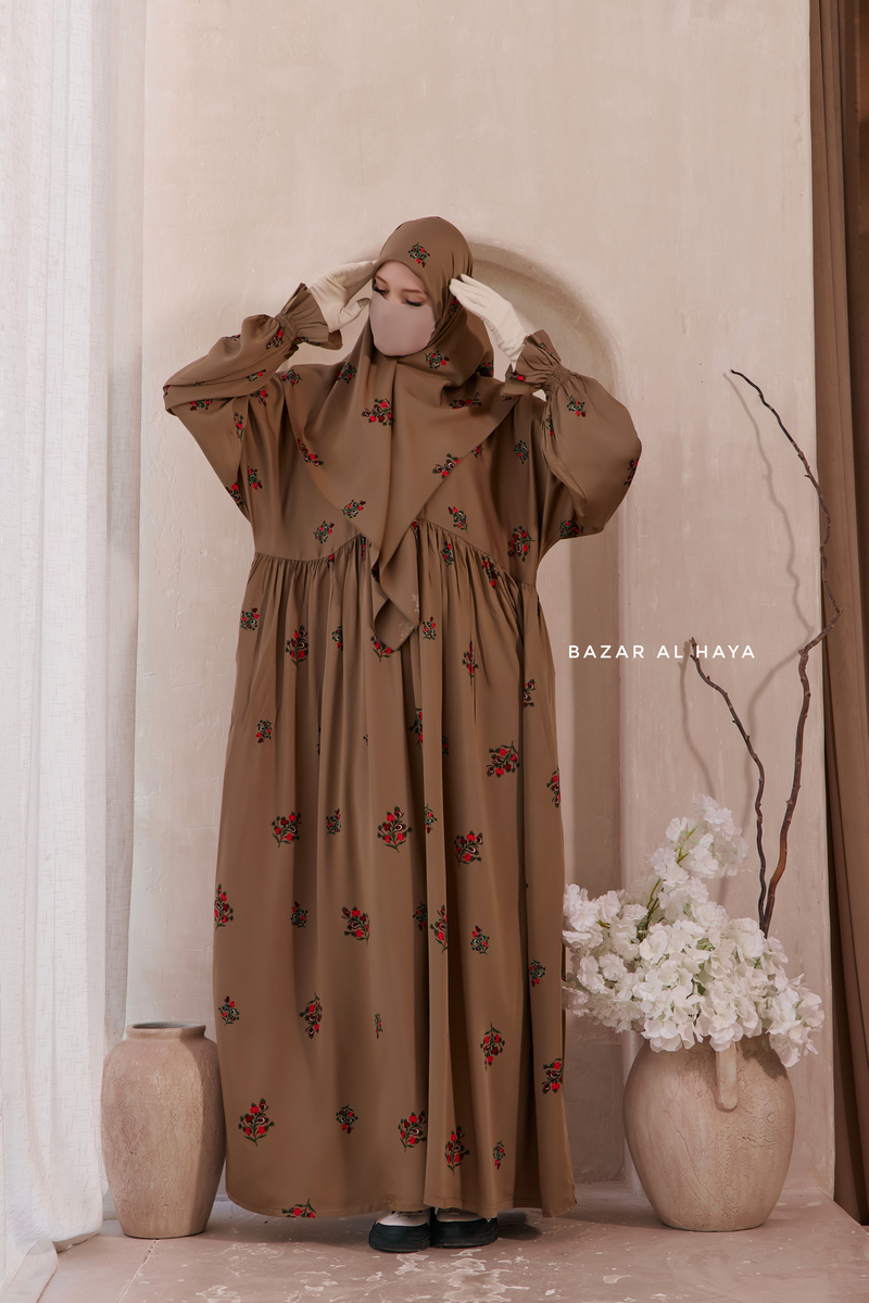 Camel Mahfuza Oversized Abaya Dress With Hijab Two Piece Set - Silk Cotton