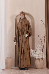 Camel Mahfuza Oversized Abaya Dress With Hijab Two Piece Set - Silk Cotton