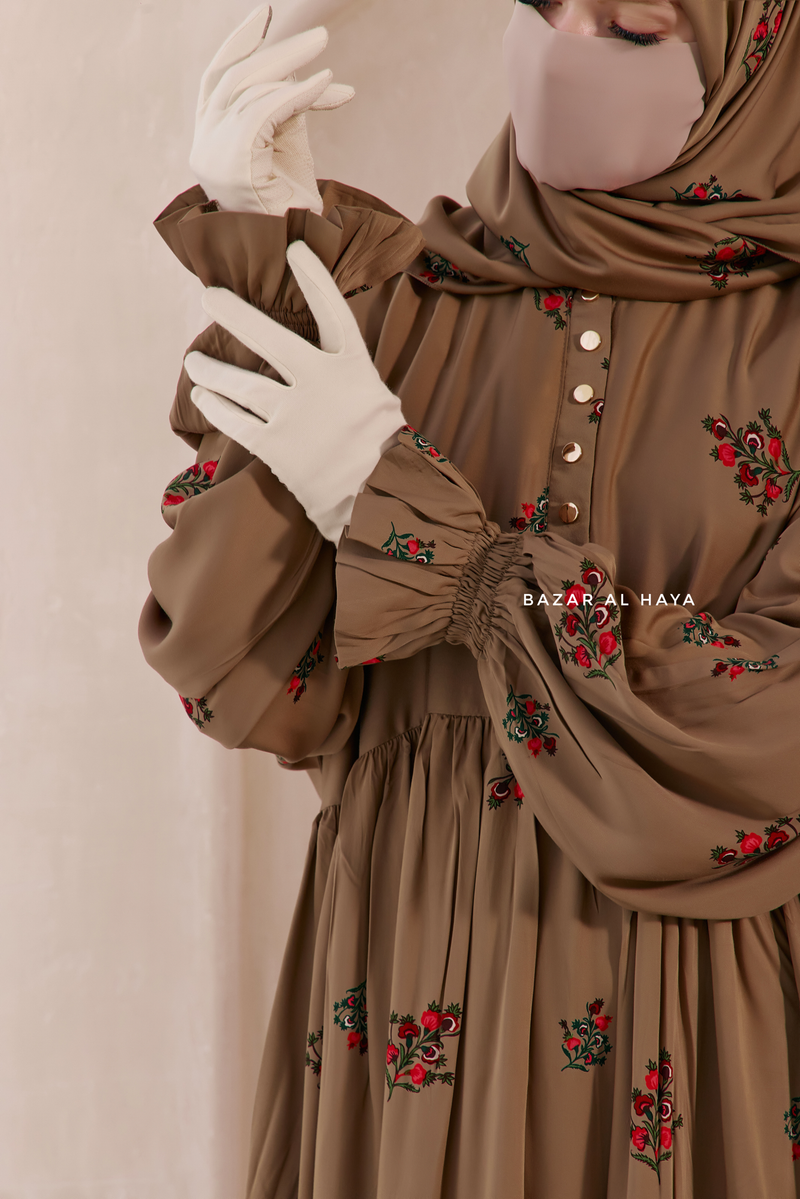 Camel Mahfuza Oversized Abaya Dress With Hijab Two Piece Set - Silk Cotton